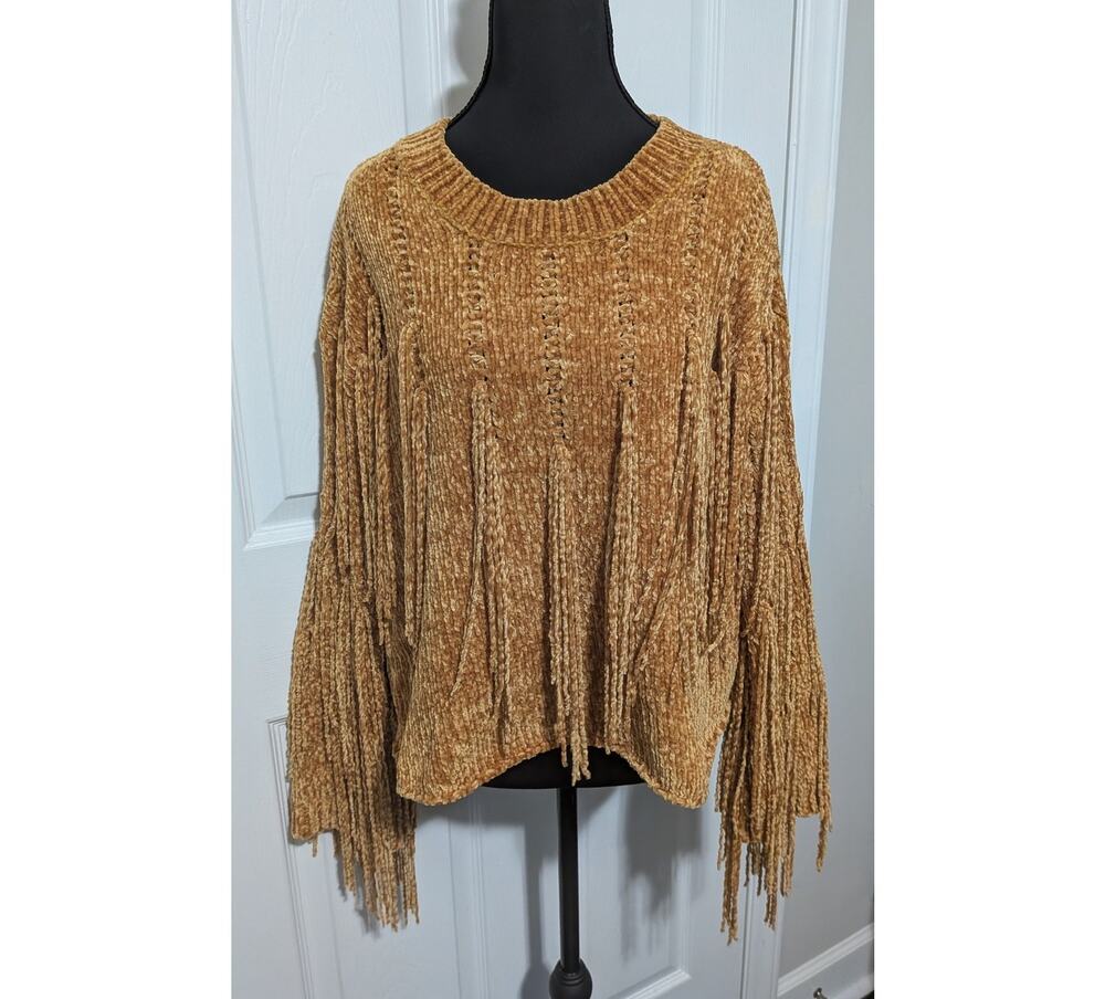 Angie Mustard Yellow Chenille Fringe Knit Pullover Sweater Size S Boho Crop